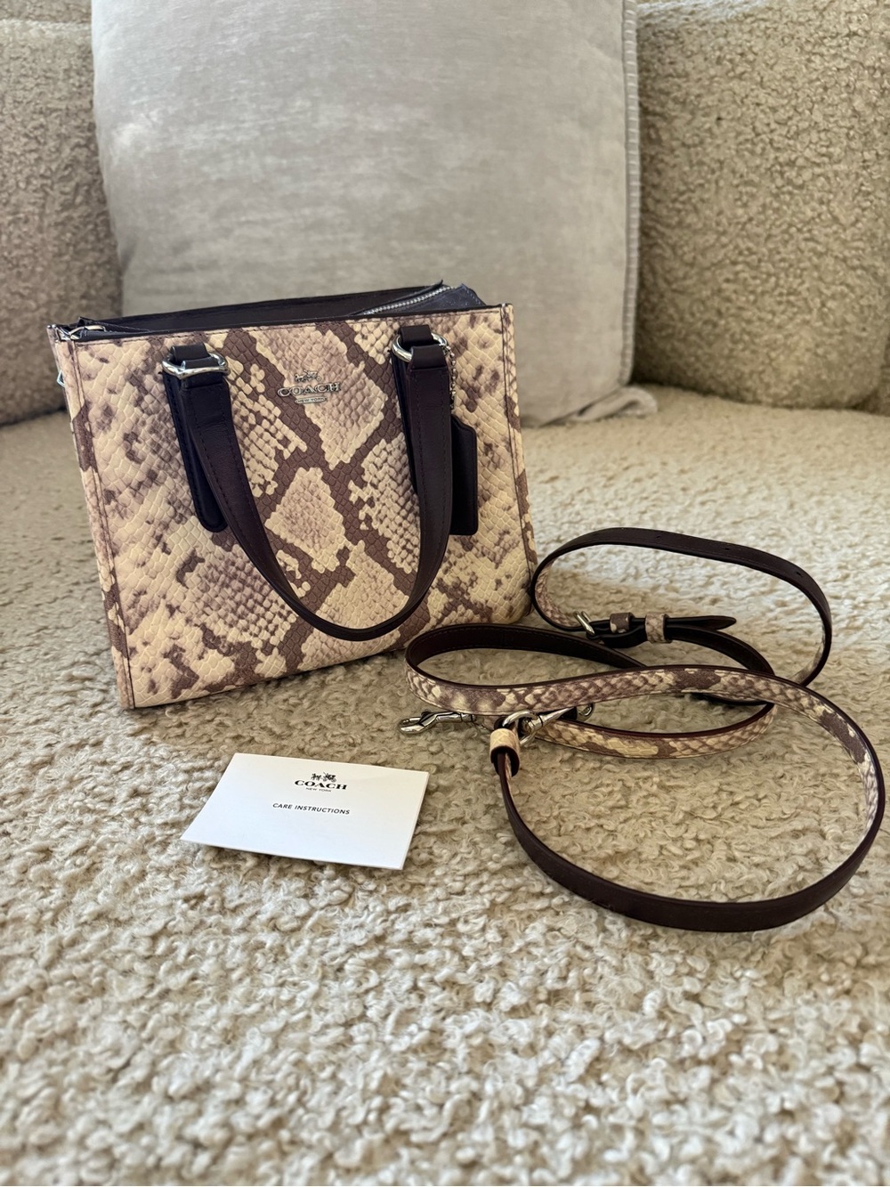 Coach Mini Tote in Brown and Cream Snake-Print